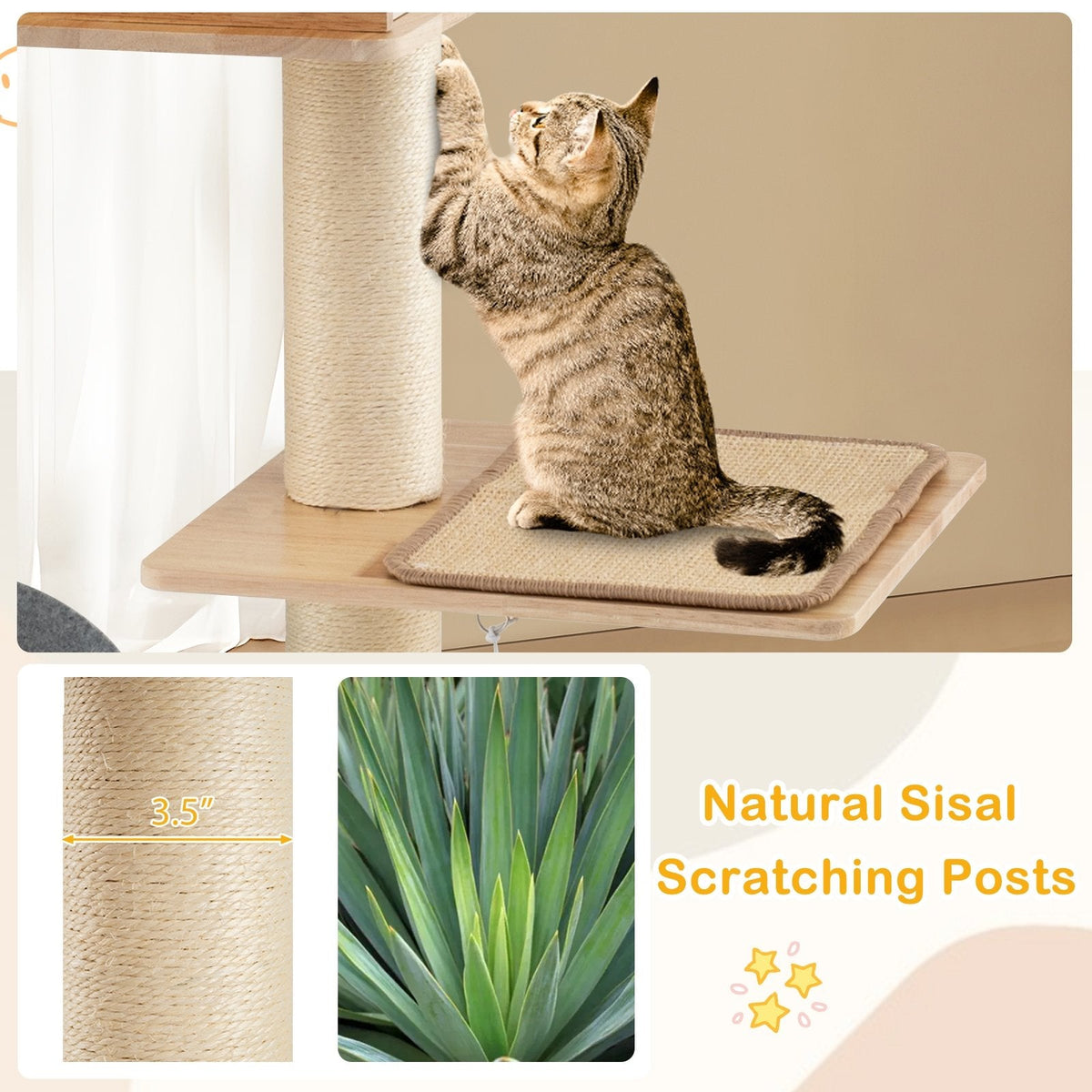 56 Inch Cat Tower with Two Wood Condos and Four Removable Sisal Mats