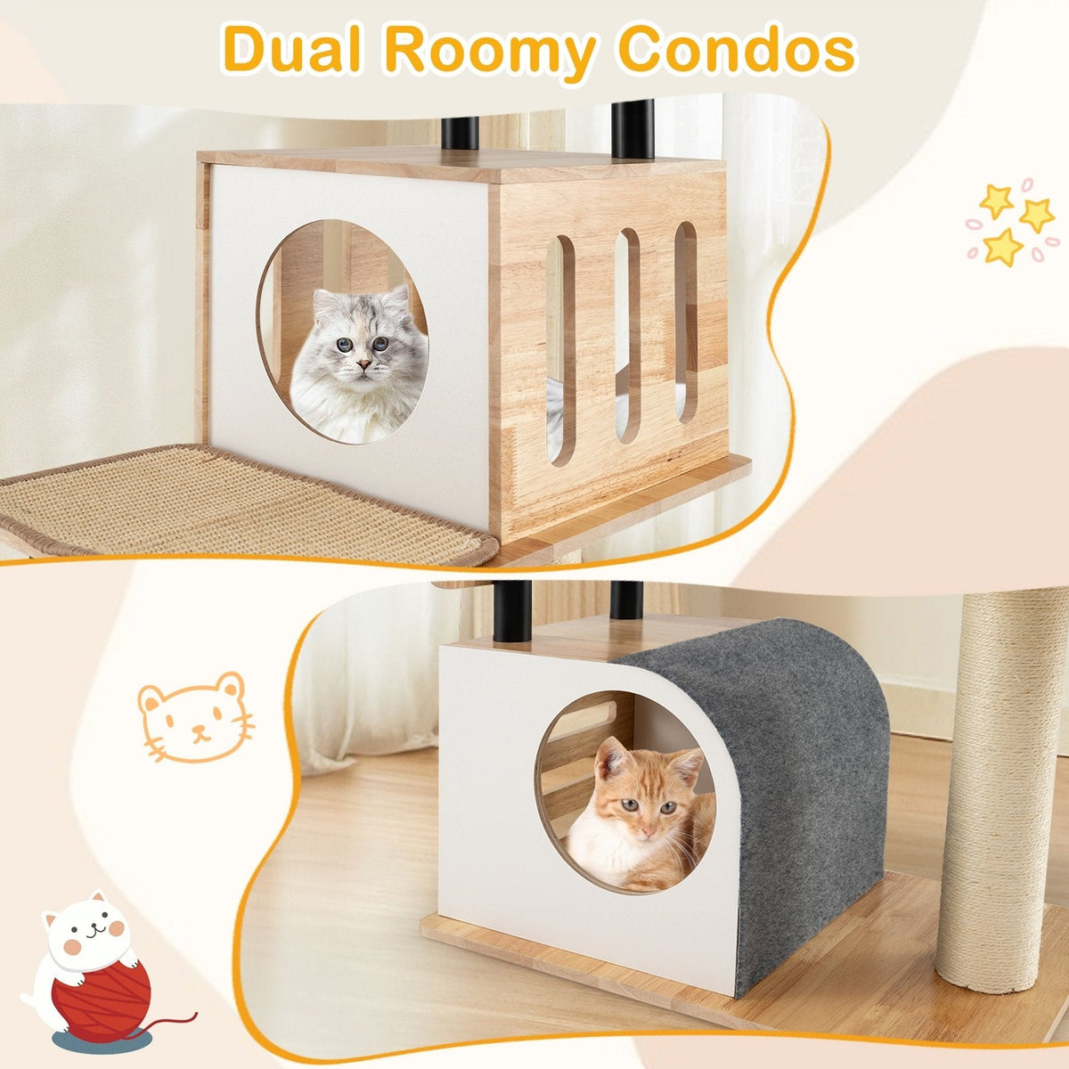 56 Inch Cat Tower with Two Wood Condos and Four Removable Sisal Mats