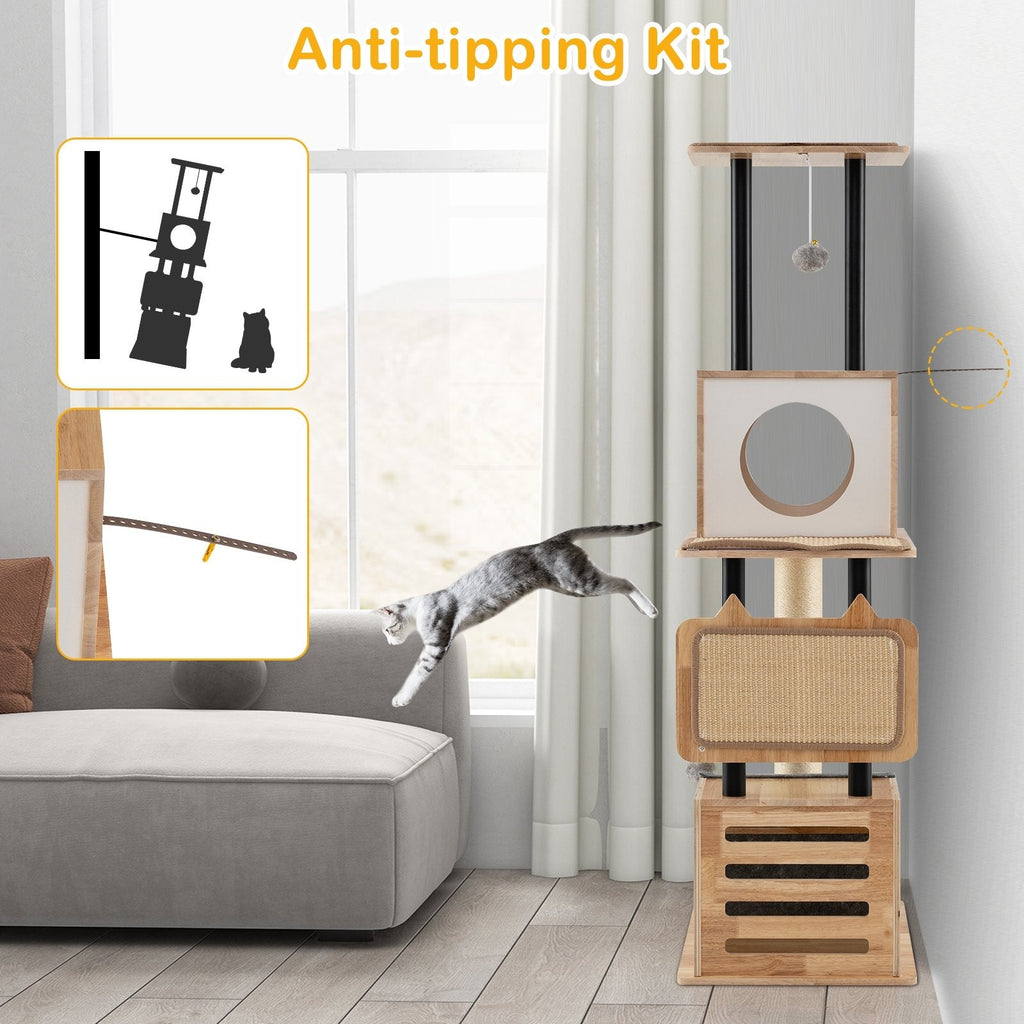 56 Inch Cat Tower with Two Wood Condos and Four Removable Sisal Mats