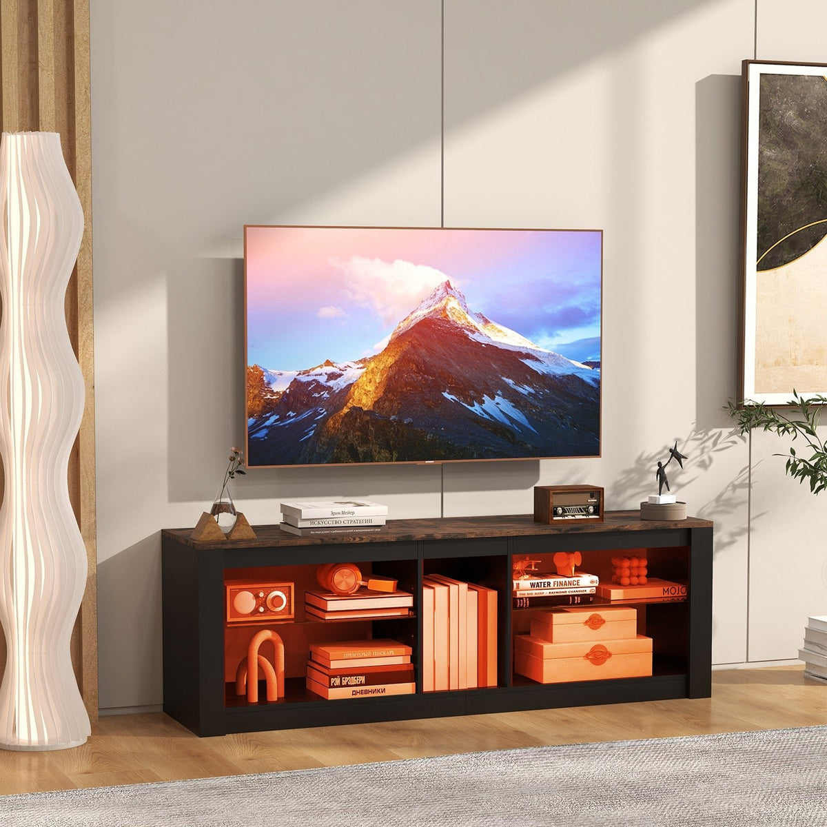 Modern TV Stand with LED Light and Adjustable Shelves for TVs up to 65 inch-Brown