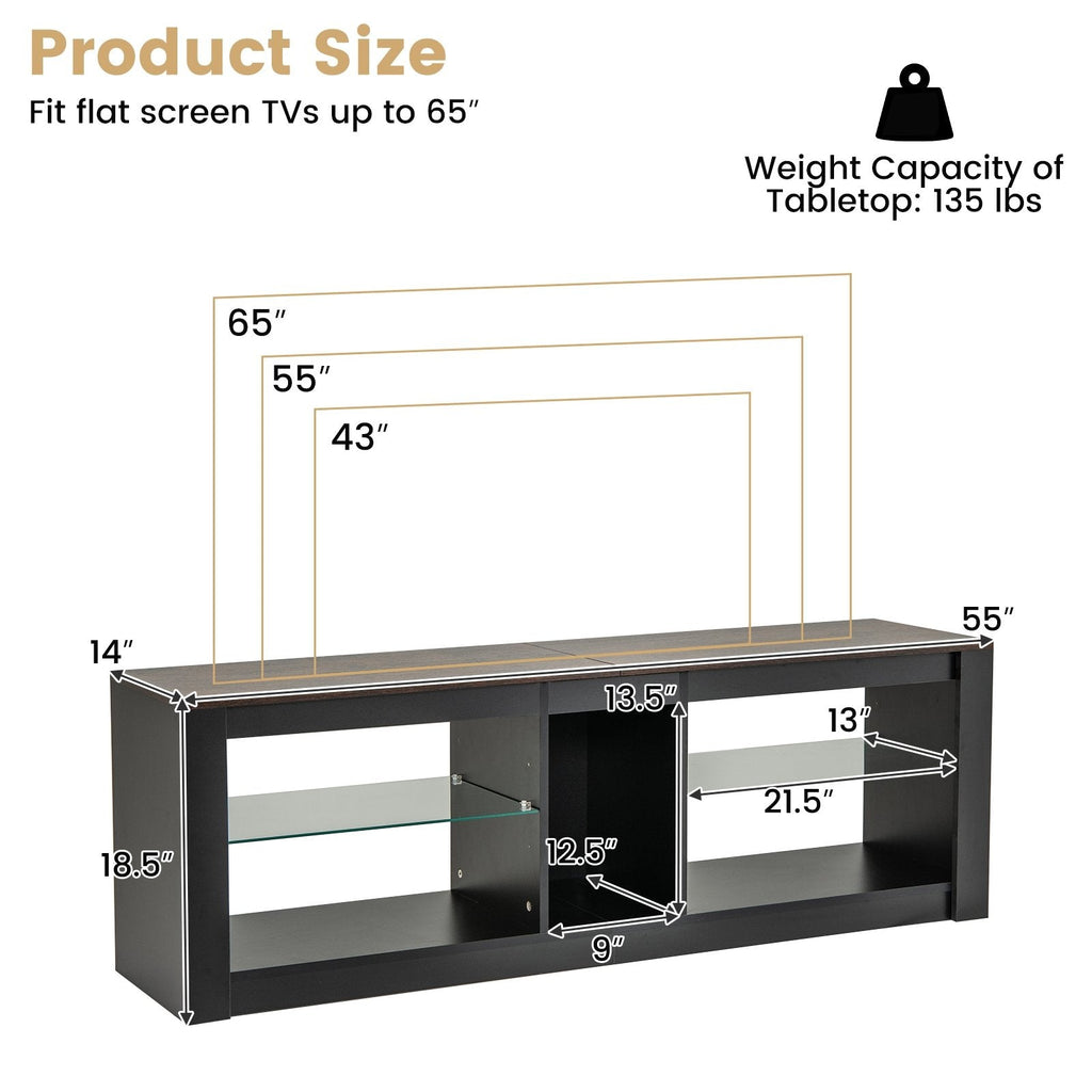 Modern TV Stand with LED Light and Adjustable Shelves for TVs up to 65 inch-Brown