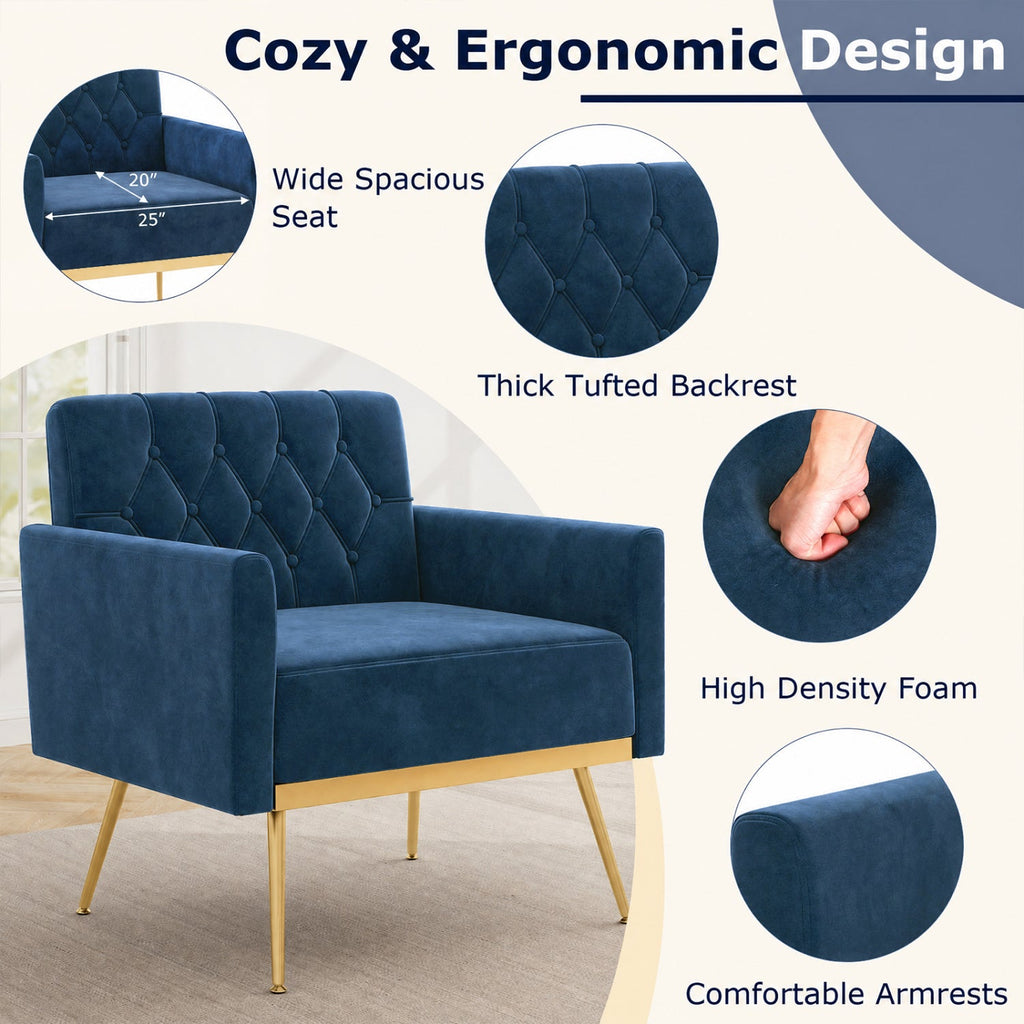 Modern Velvet Upholstered Accent Chair with Button-Tufted Back and Adjustable Feet-Blue