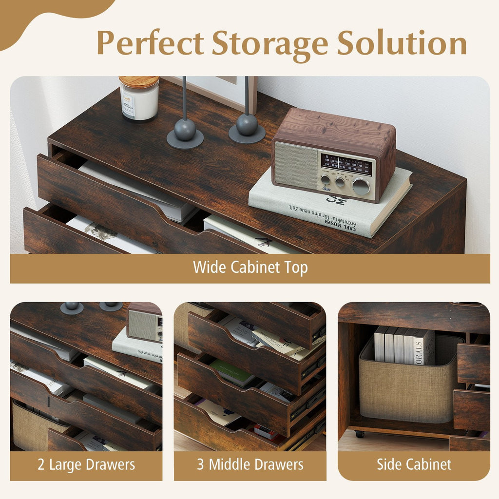 Modern Vertical 5-Drawer Mobile Chest with Door 5 Casters-Brown