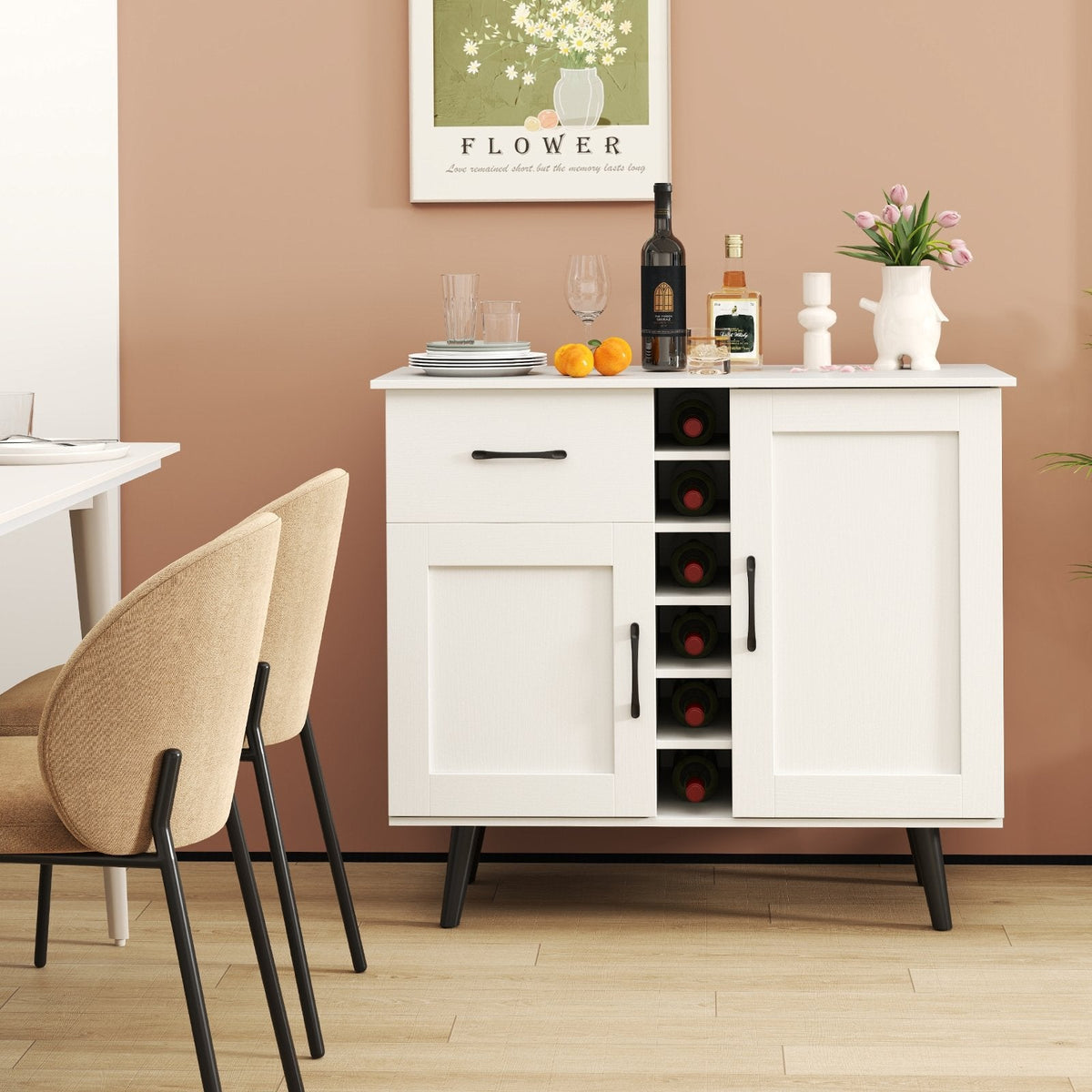 Modern Wine Bar Buffet Cabinet with 6-Bottle Wine Rack-White