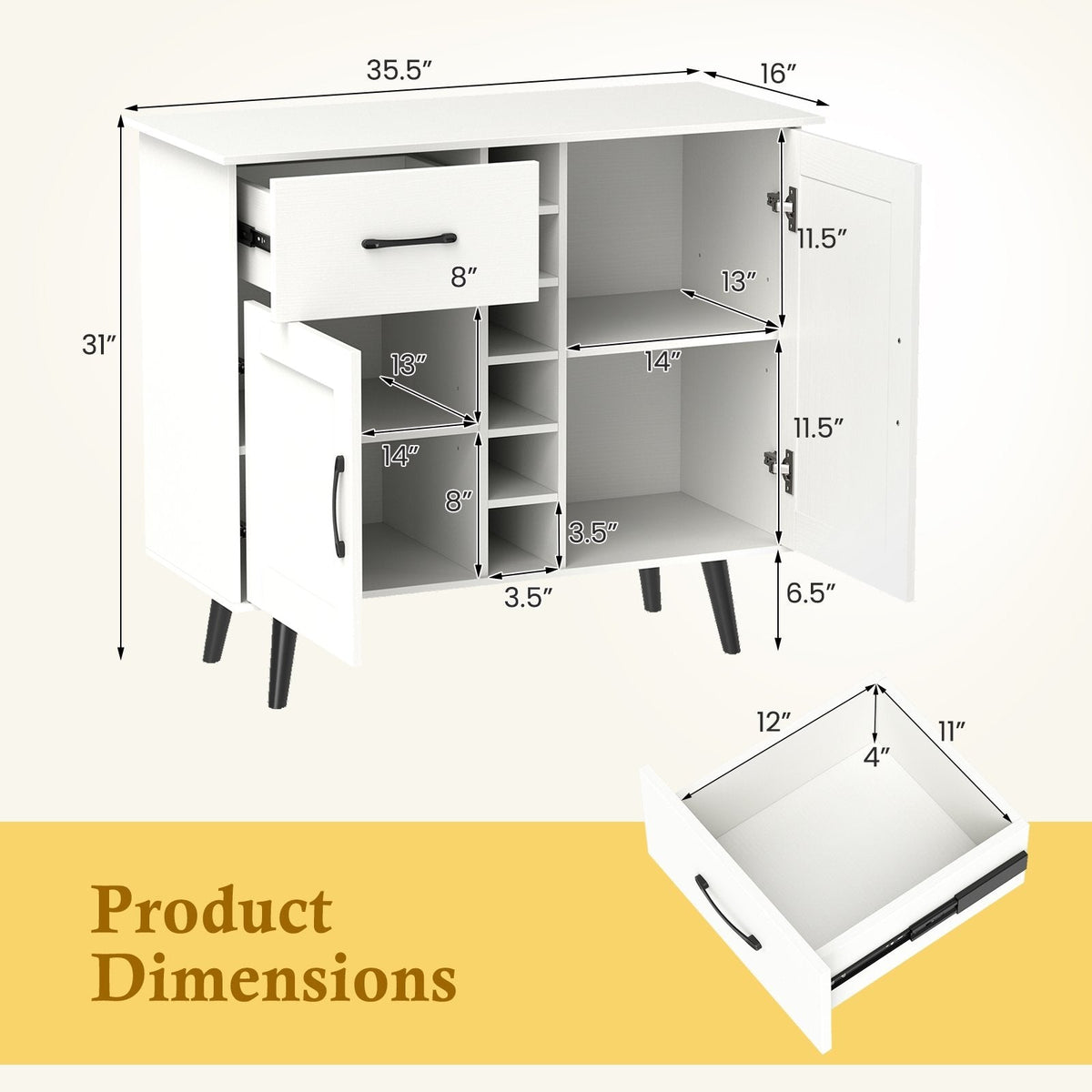 Modern Wine Bar Buffet Cabinet with 6-Bottle Wine Rack-White