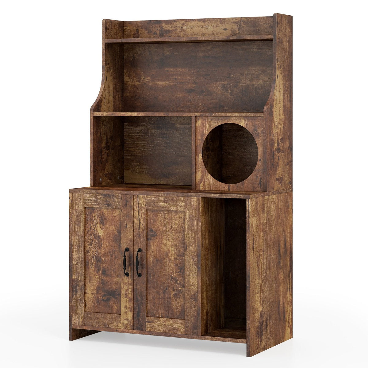 Modern Wooden Industrial Cat Litter Box Enclosure with Storage Shelves-Brown