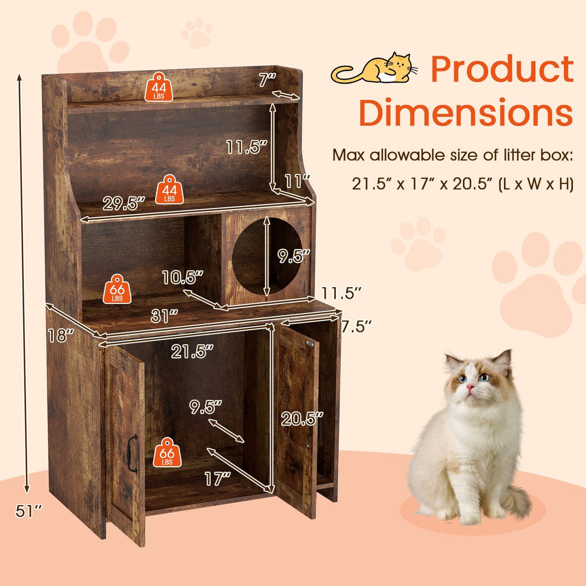 Modern Wooden Industrial Cat Litter Box Enclosure with Storage Shelves-Brown