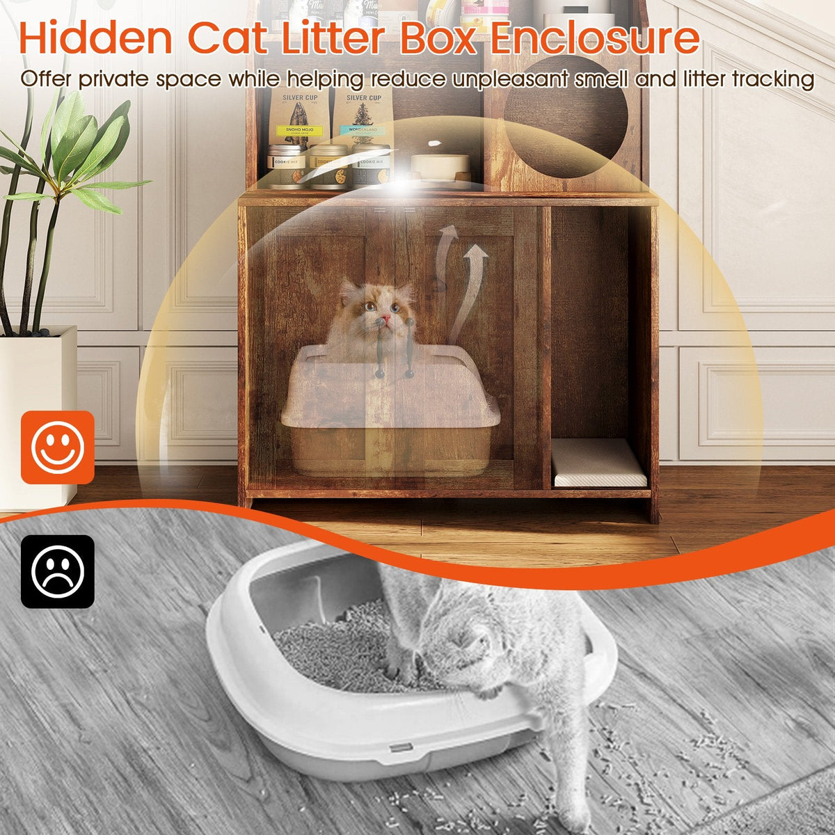 Modern Wooden Industrial Cat Litter Box Enclosure with Storage Shelves-Brown