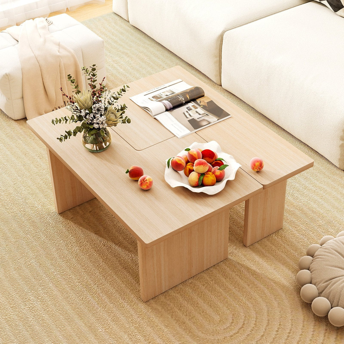 Modular Coffee Table Set of 2 L Shaped Center Tables for Small Space-Oak