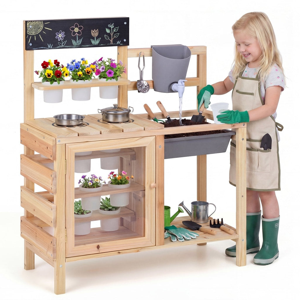 Mud Kitchen Playset with Sink and Plants Observation Room-Natural