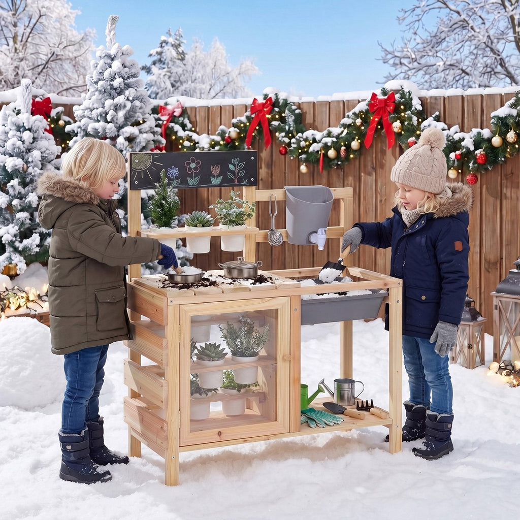 Mud Kitchen Playset with Sink and Plants Observation Room-Natural