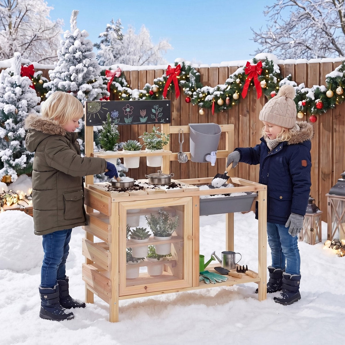 Mud Kitchen Playset with Sink and Plants Observation Room-Natural