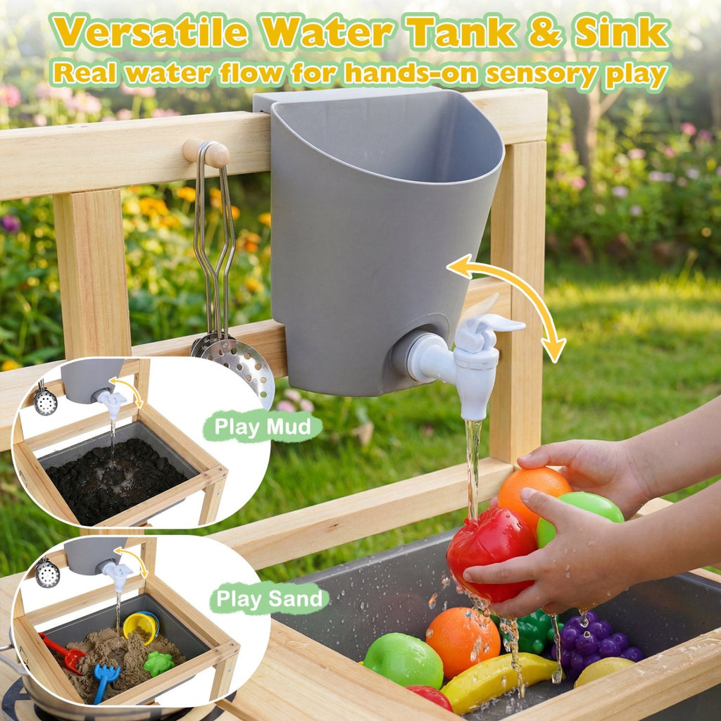 Mud Kitchen Playset with Sink and Plants Observation Room-Natural