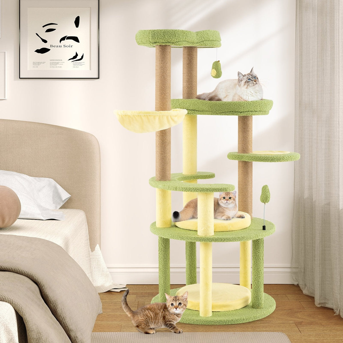 51 Inch Avocado Cat Tree with a Rotatable Basket and Round Base