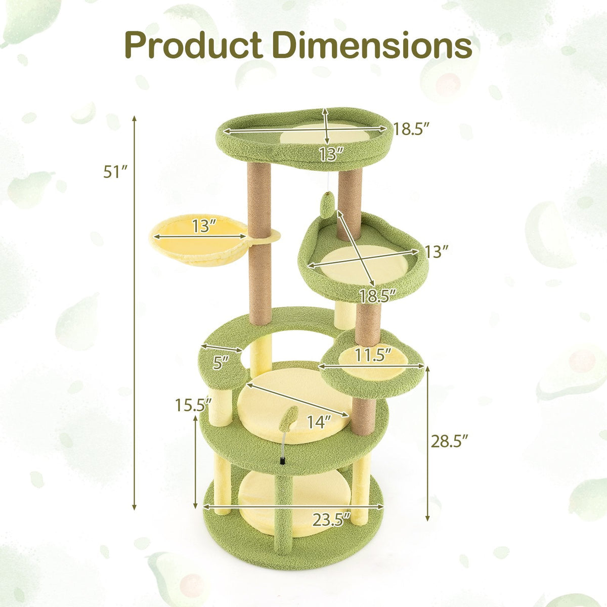 51 Inch Avocado Cat Tree with a Rotatable Basket and Round Base