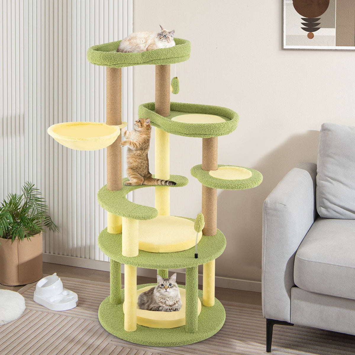 51 Inch Avocado Cat Tree with a Rotatable Basket and Round Base