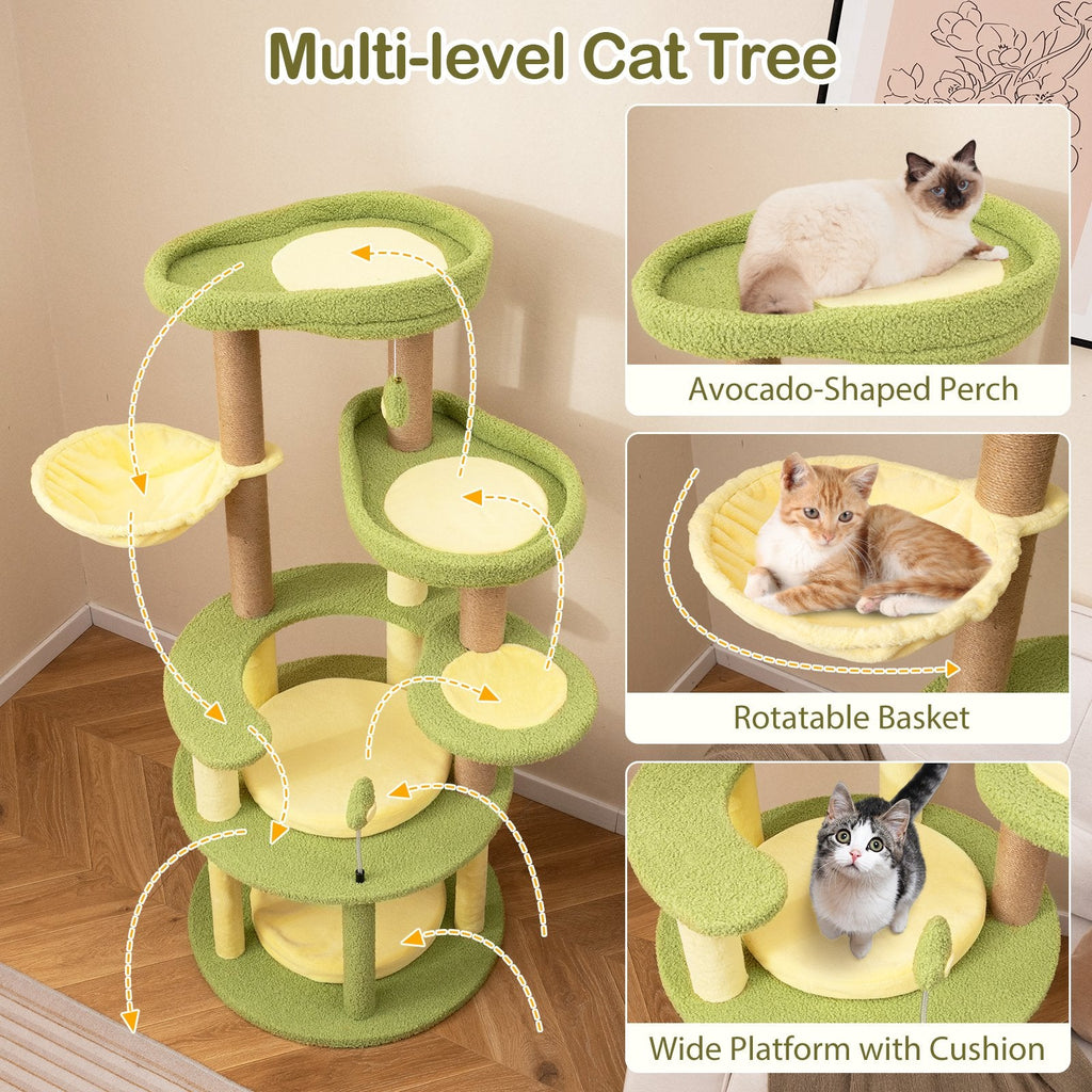 51 Inch Avocado Cat Tree with a Rotatable Basket and Round Base