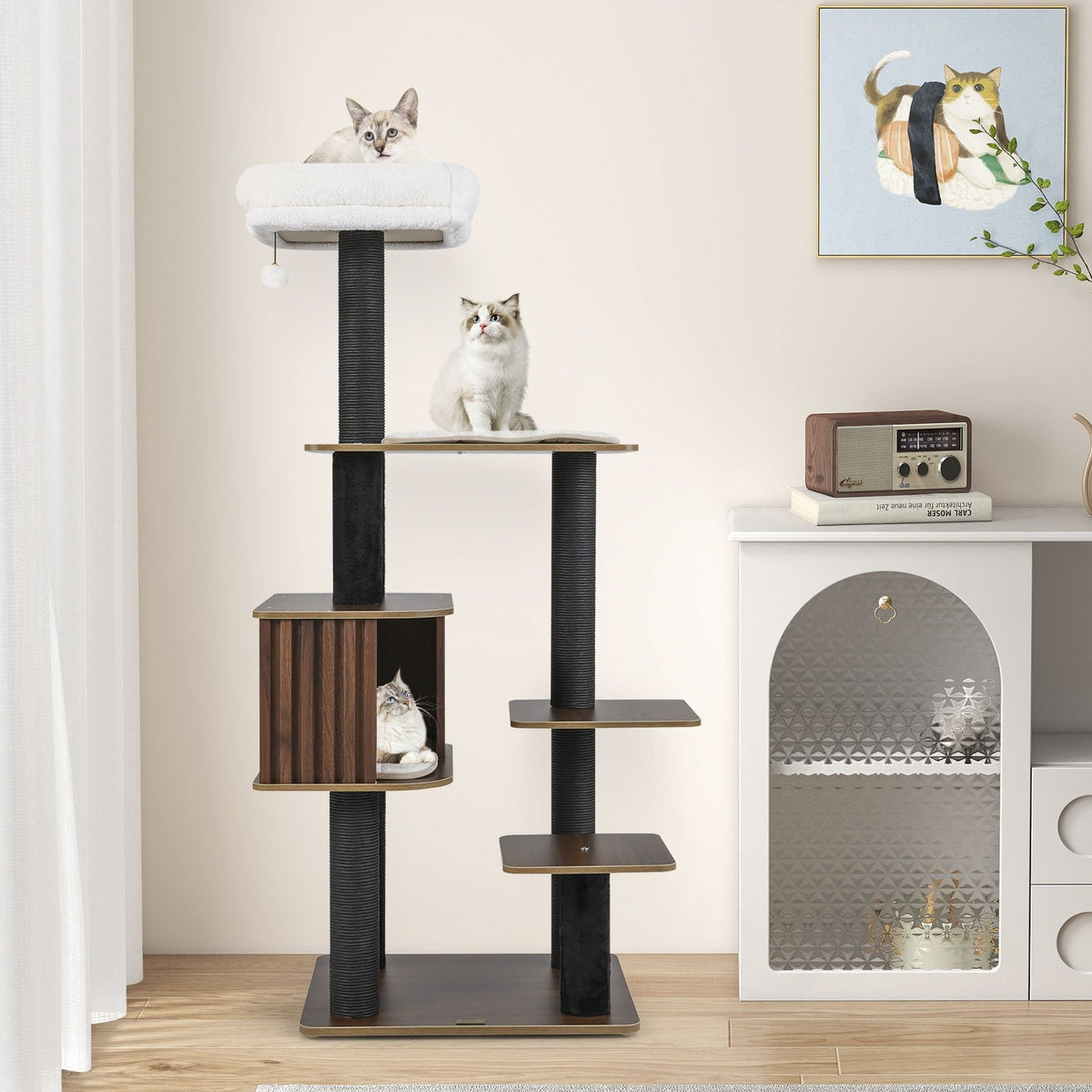59.5 Inch Walnut Cat Tower with a Fluted Condo and 16 Inch Top Perch