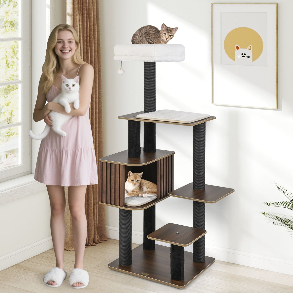 59.5 Inch Walnut Cat Tower with a Fluted Condo and 16 Inch Top Perch