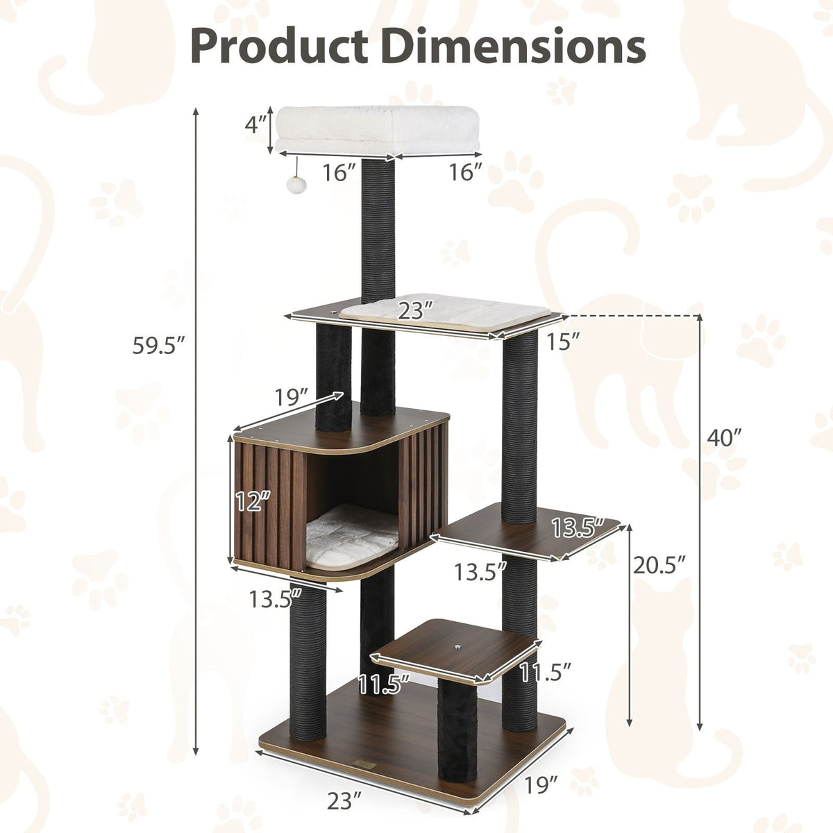59.5 Inch Walnut Cat Tower with a Fluted Condo and 16 Inch Top Perch