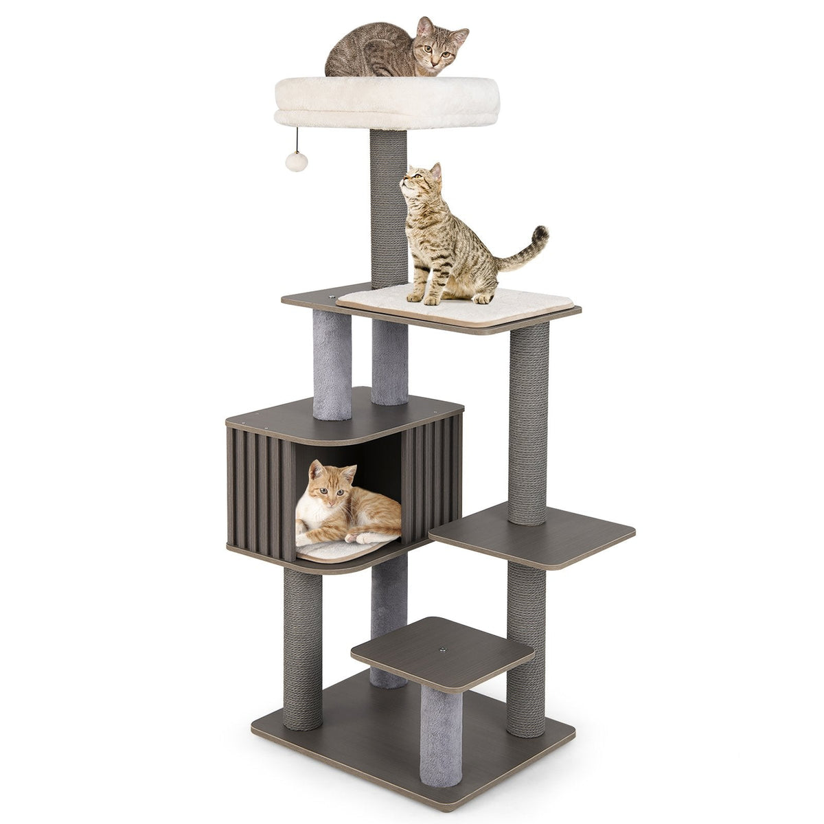 Grey Wood Cat Tower 59.5 Inches with Six Levels and a Wipe Clean Finish