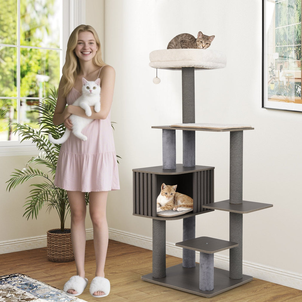 Grey Wood Cat Tower 59.5 Inches with Six Levels and a Wipe Clean Finish