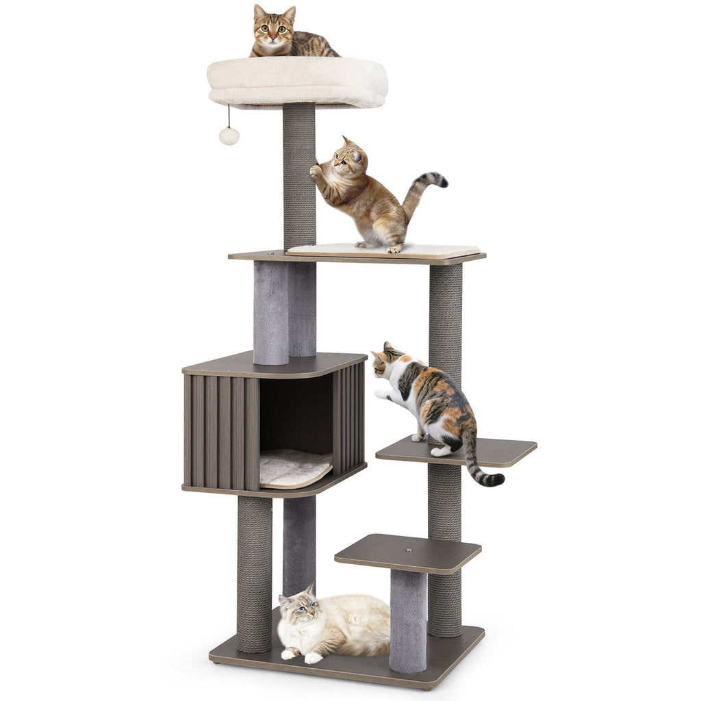 Grey Wood Cat Tower 59.5 Inches with Six Levels and a Wipe Clean Finish