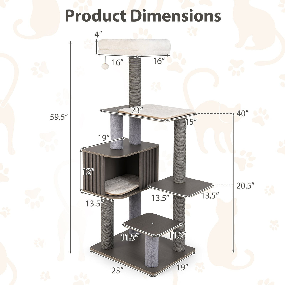 Grey Wood Cat Tower 59.5 Inches with Six Levels and a Wipe Clean Finish