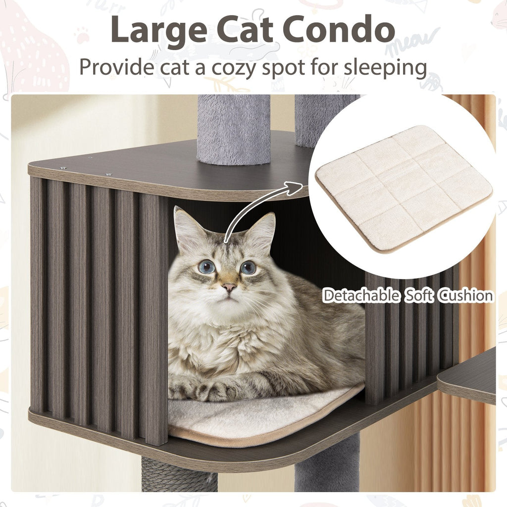Grey Wood Cat Tower 59.5 Inches with Six Levels and a Wipe Clean Finish