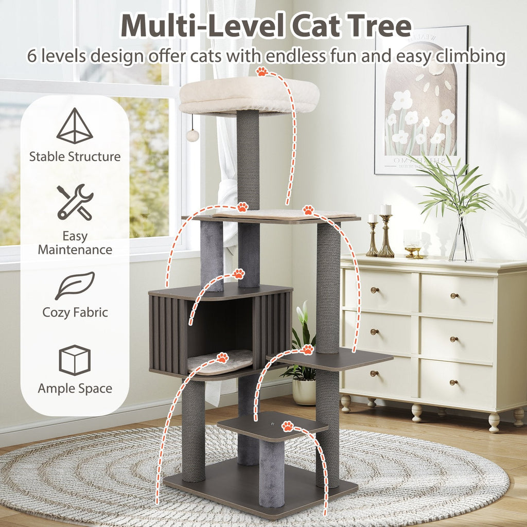 Grey Wood Cat Tower 59.5 Inches with Six Levels and a Wipe Clean Finish