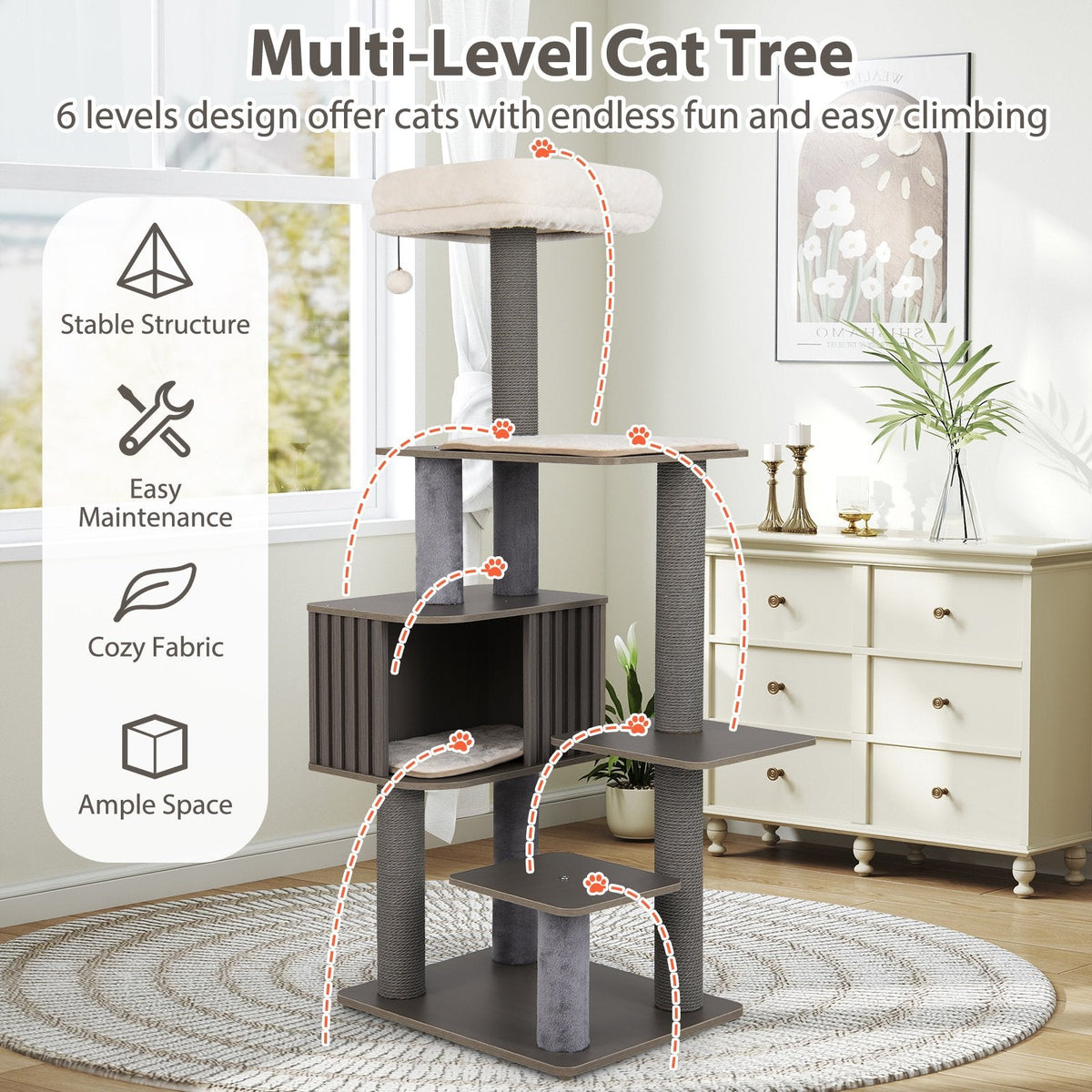Grey Wood Cat Tower 59.5 Inches with Six Levels and a Wipe Clean Finish
