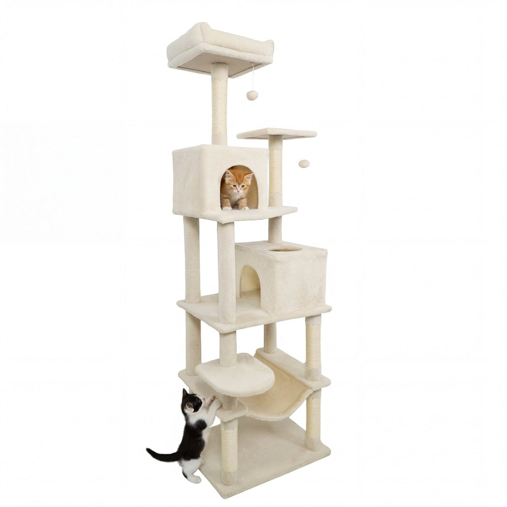 75 Inch Beige Cat Tower with Two Condos, a Hammock and a Basket
