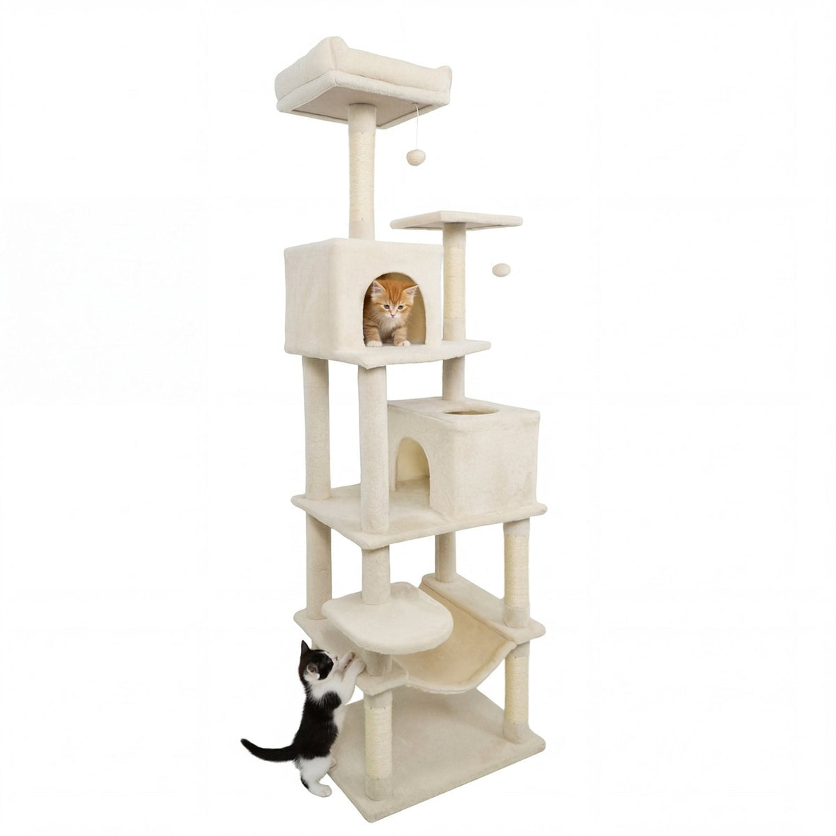 75 Inch Beige Cat Tower with Two Condos, a Hammock and a Basket