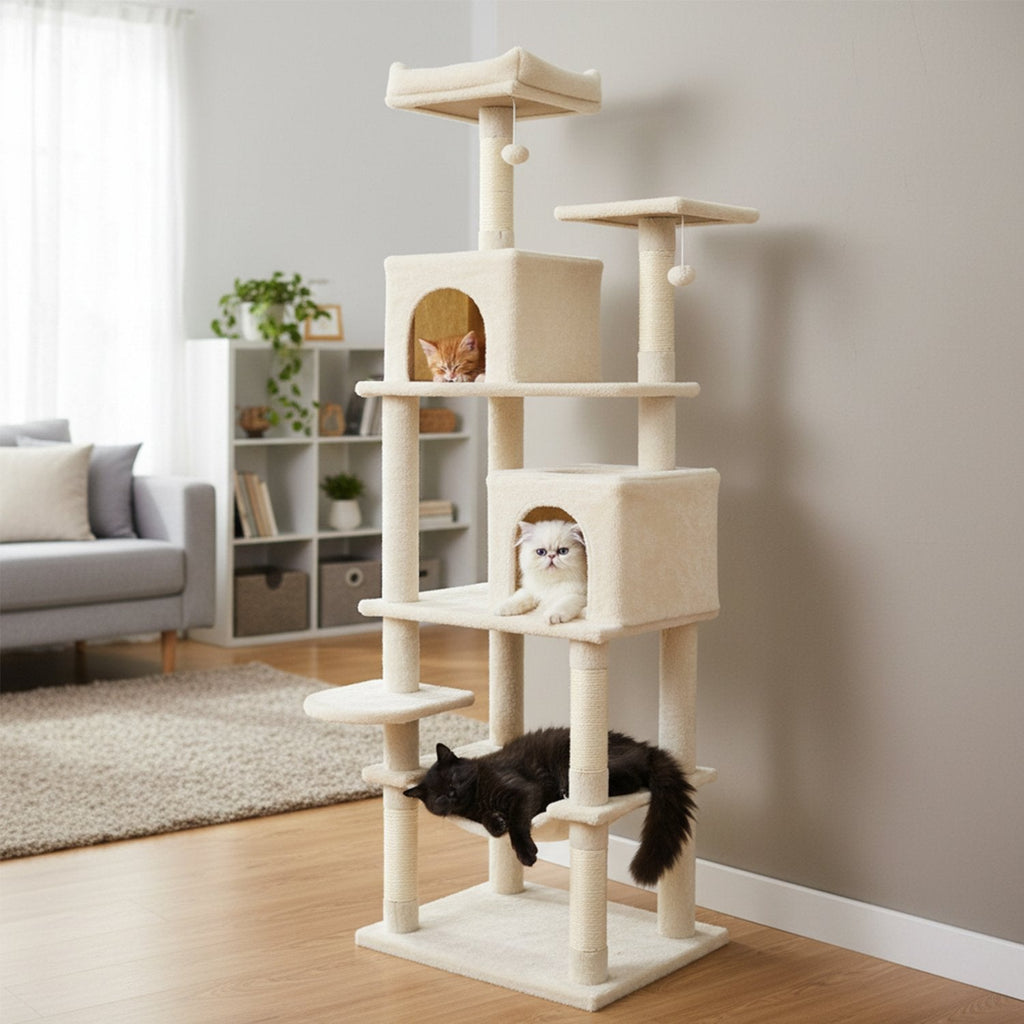 75 Inch Beige Cat Tower with Two Condos, a Hammock and a Basket