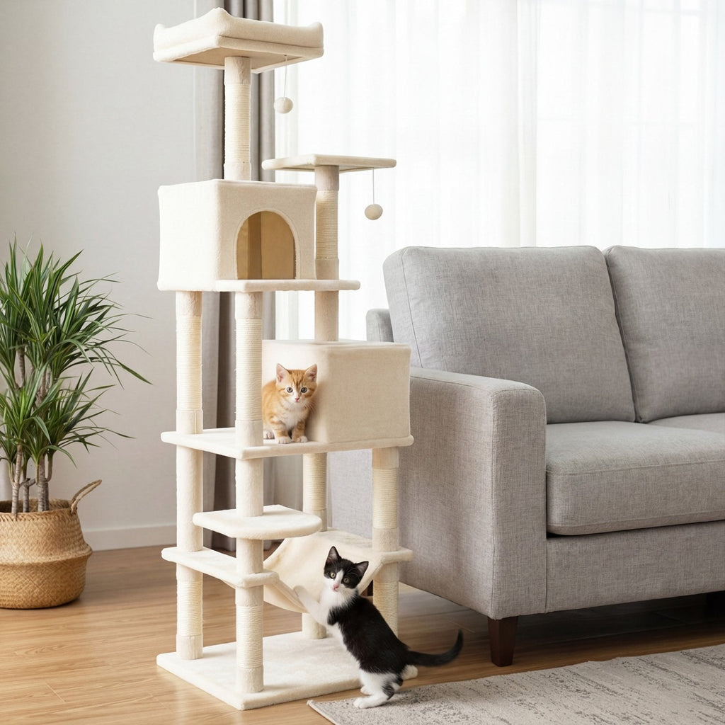 75 Inch Beige Cat Tower with Two Condos, a Hammock and a Basket