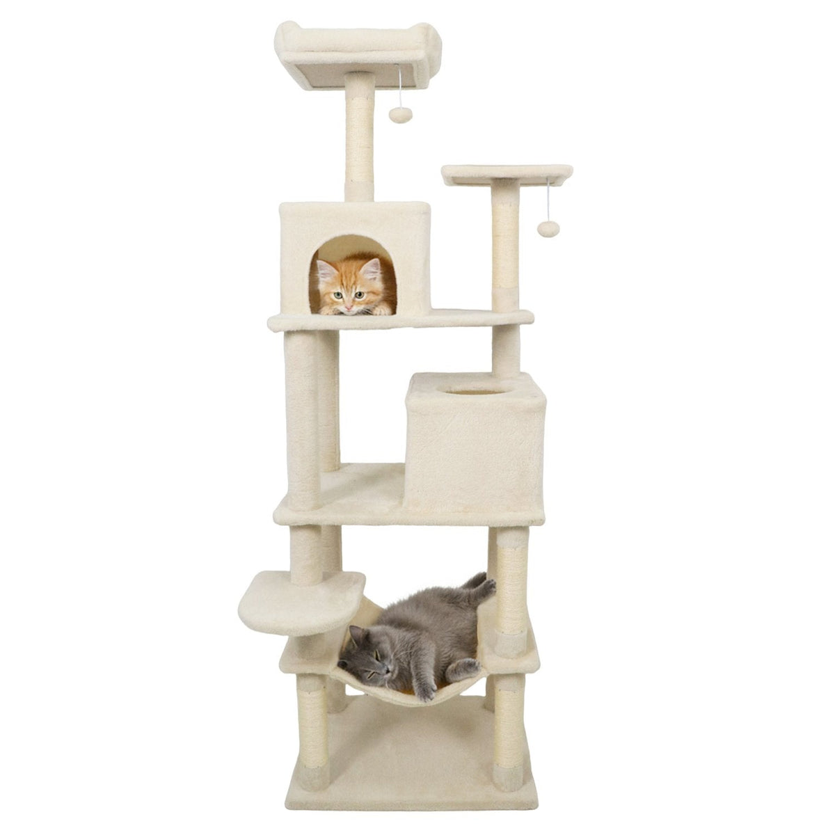75 Inch Beige Cat Tower with Two Condos, a Hammock and a Basket