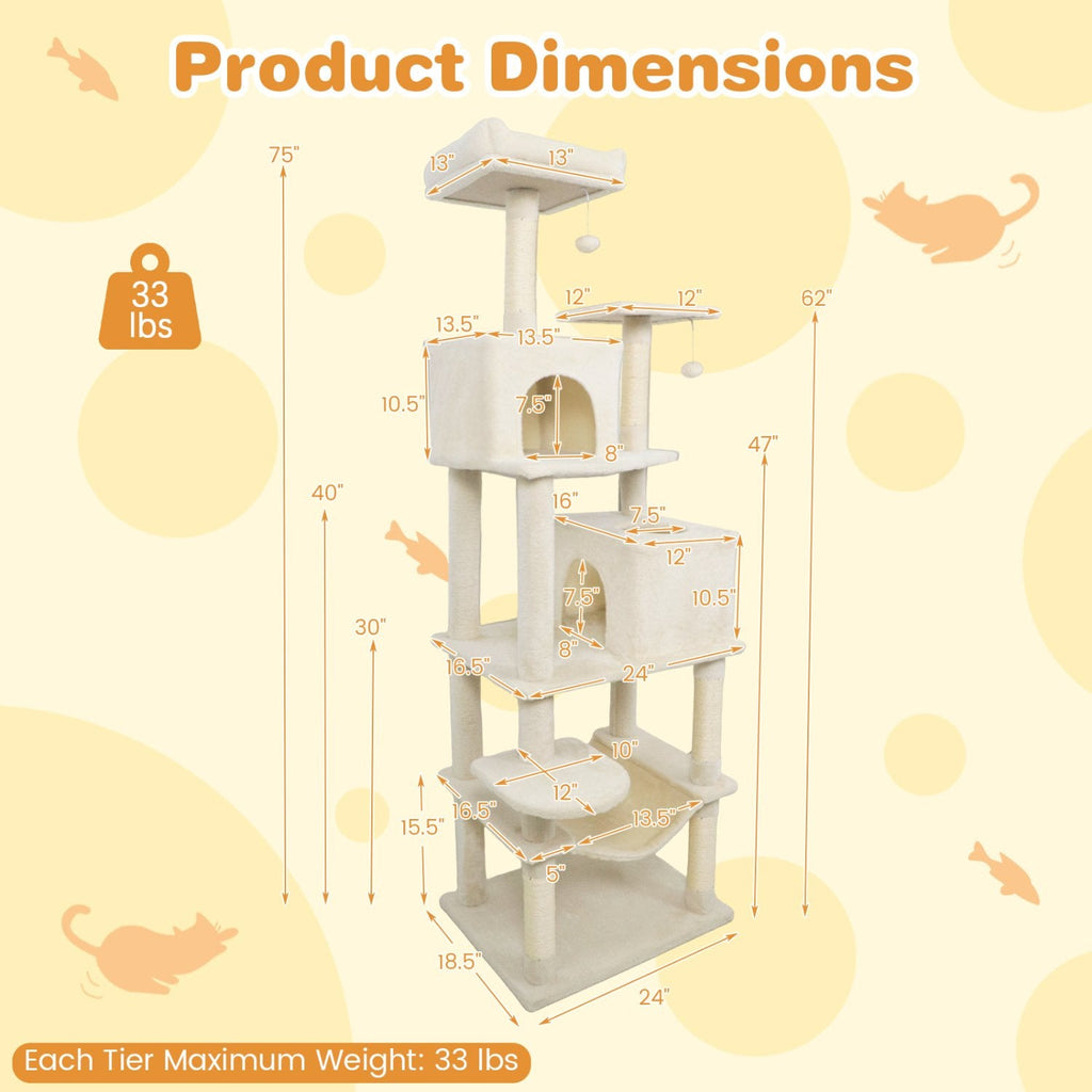 75 Inch Beige Cat Tower with Two Condos, a Hammock and a Basket