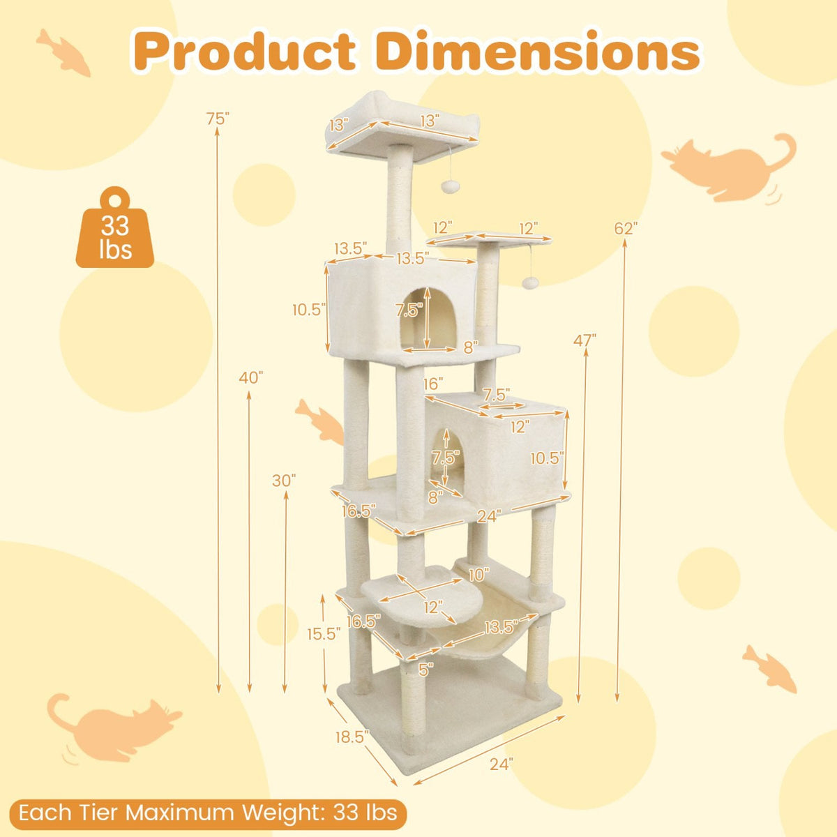 75 Inch Beige Cat Tower with Two Condos, a Hammock and a Basket