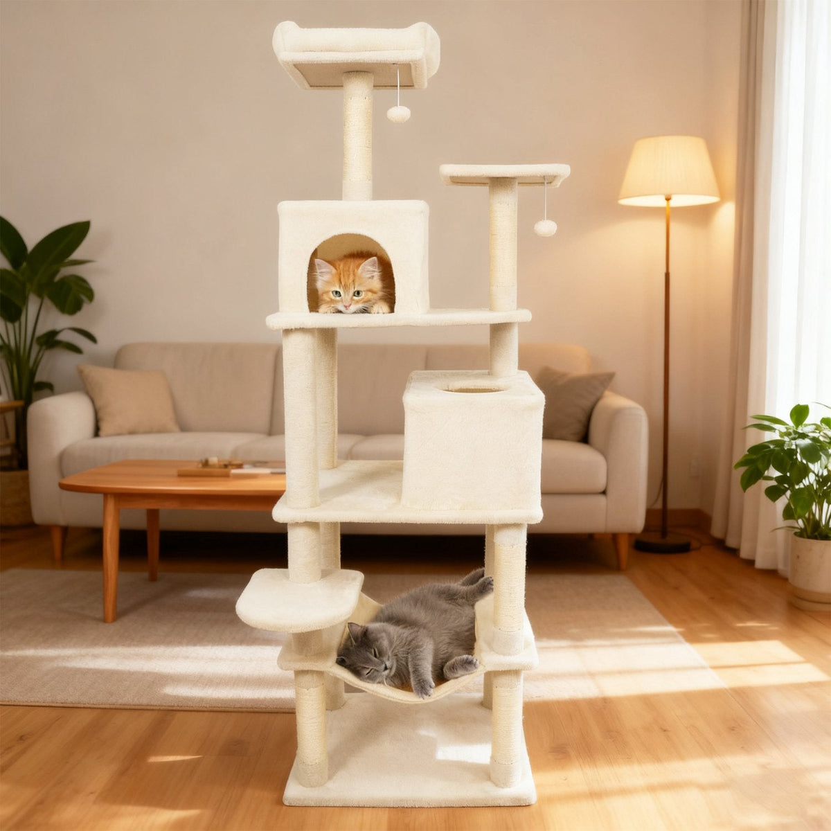 75 Inch Beige Cat Tower with Two Condos, a Hammock and a Basket