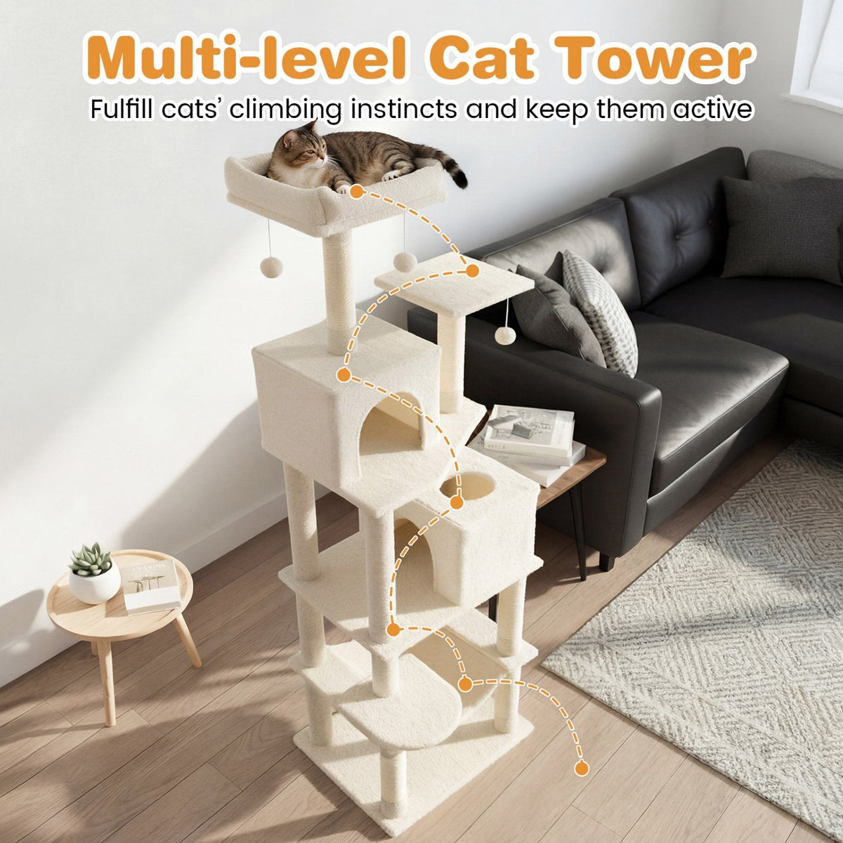 75 Inch Beige Cat Tower with Two Condos, a Hammock and a Basket