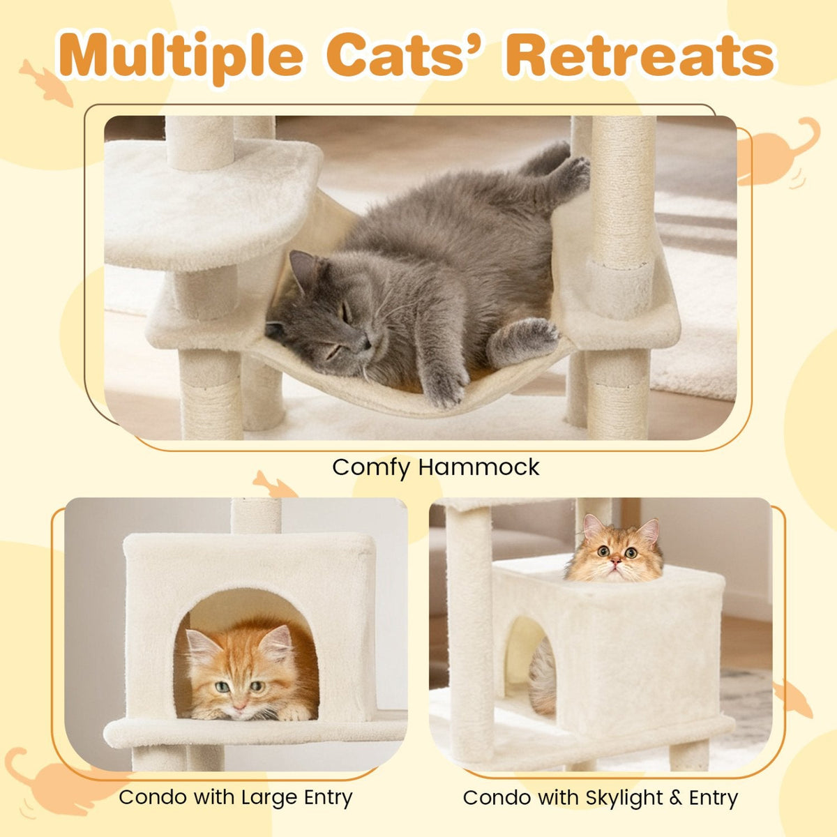 75 Inch Beige Cat Tower with Two Condos, a Hammock and a Basket