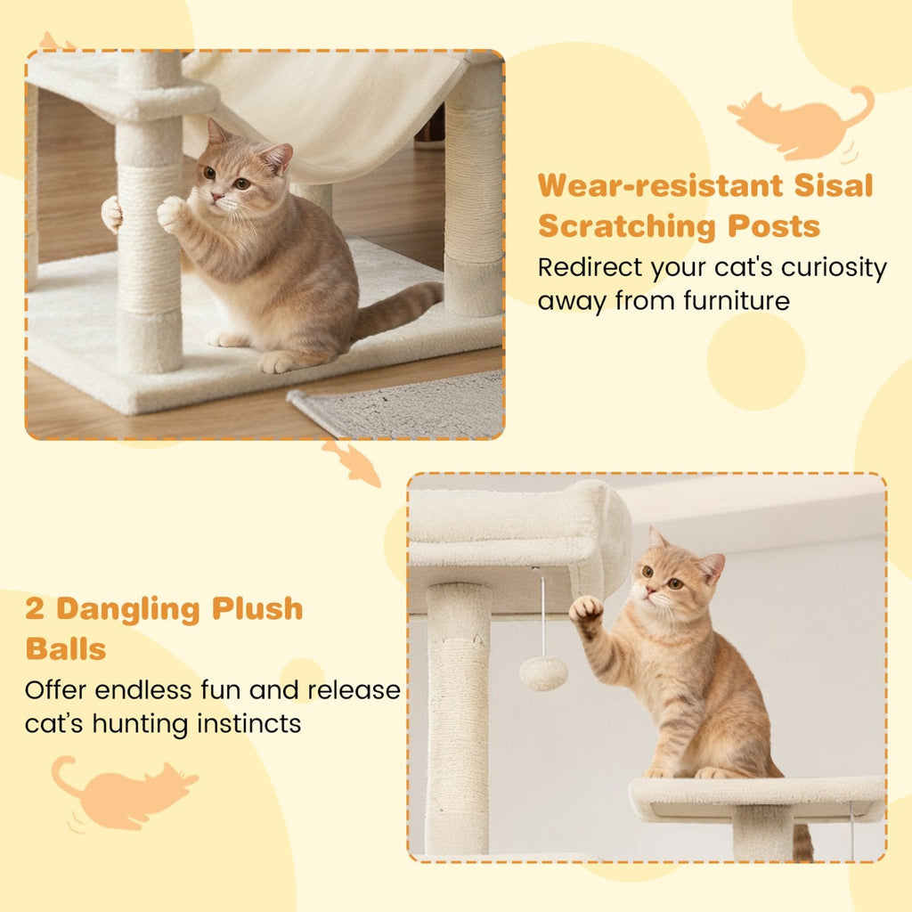 75 Inch Beige Cat Tower with Two Condos, a Hammock and a Basket