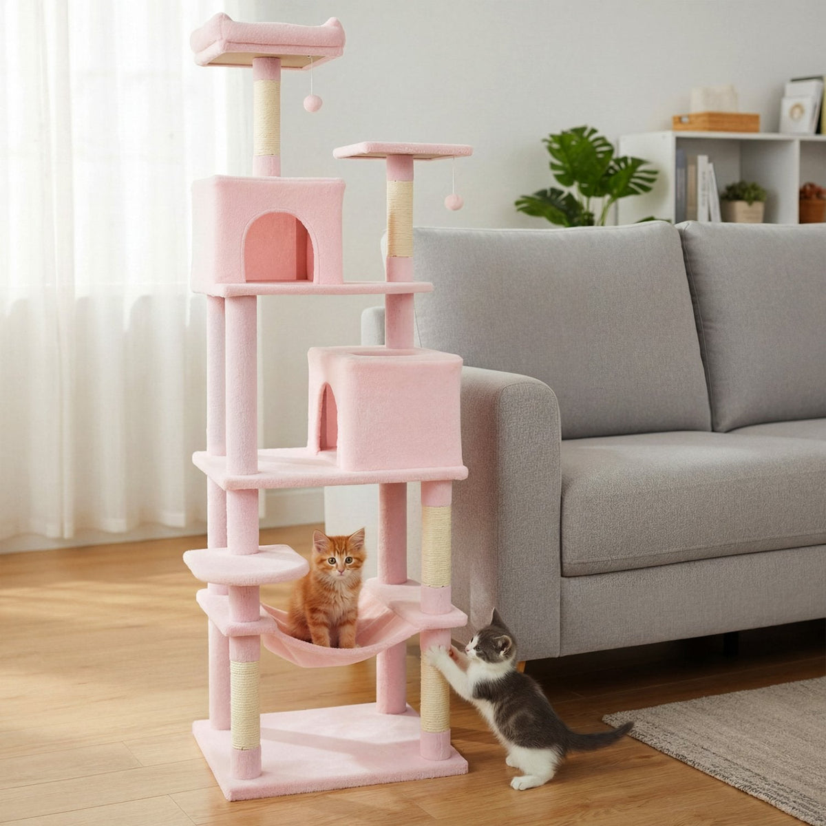Pink Cat Tower 75 Inches with a Basket, Hammock and Two Condos