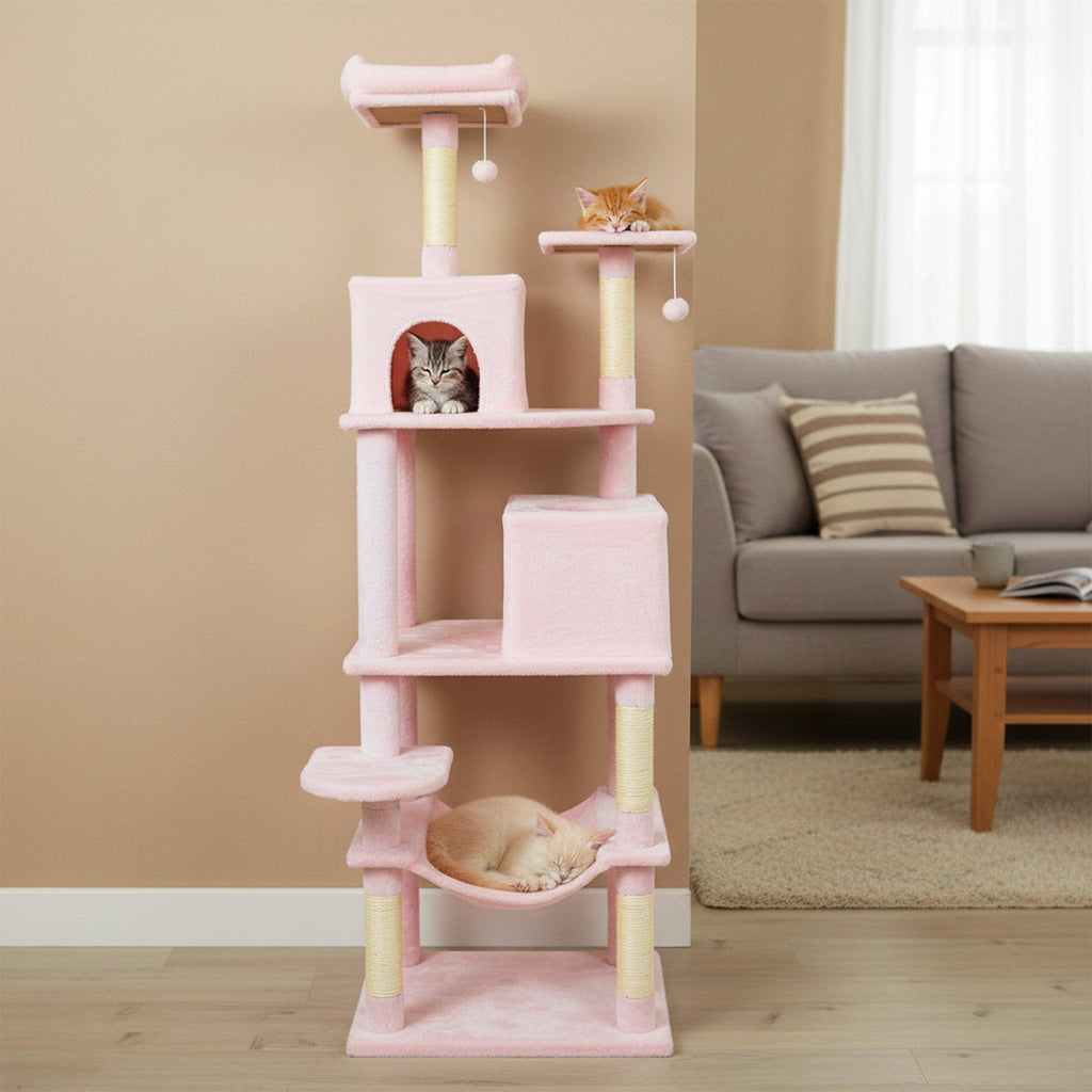 Pink Cat Tower 75 Inches with a Basket, Hammock and Two Condos