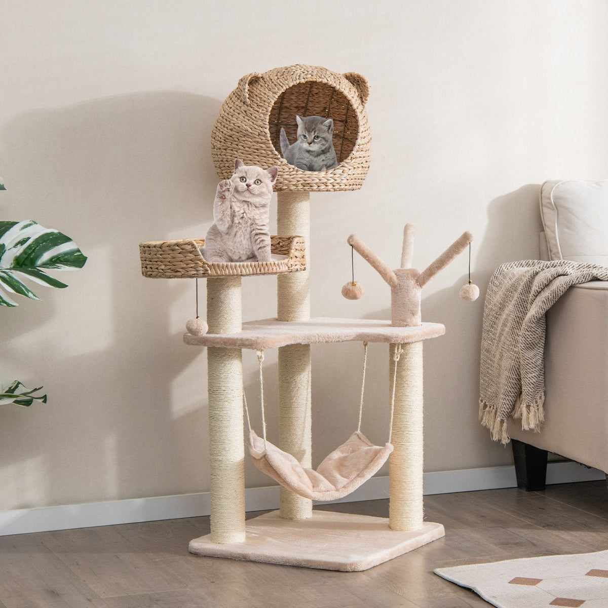 Natural Cattail Cat Tree 48 Inches with Five Layers and a Woven Condo
