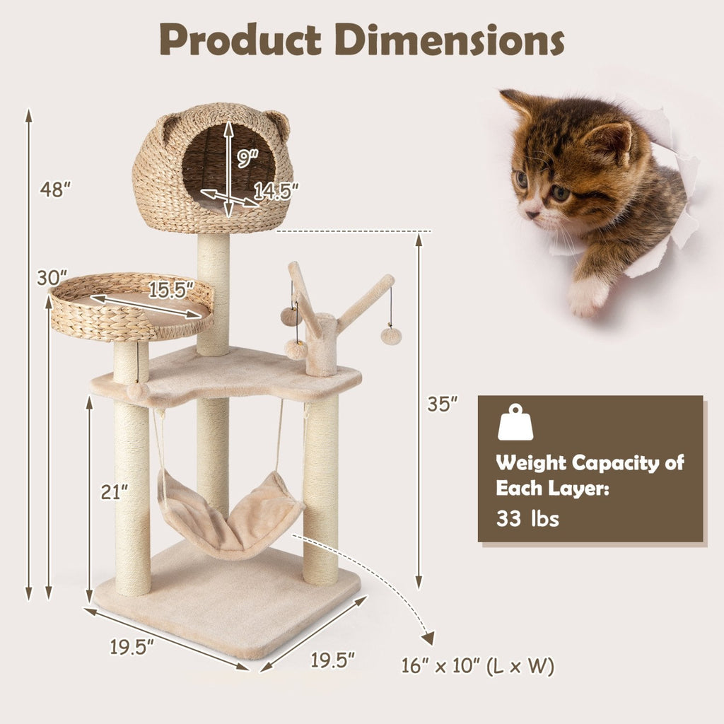 Natural Cattail Cat Tree 48 Inches with Five Layers and a Woven Condo