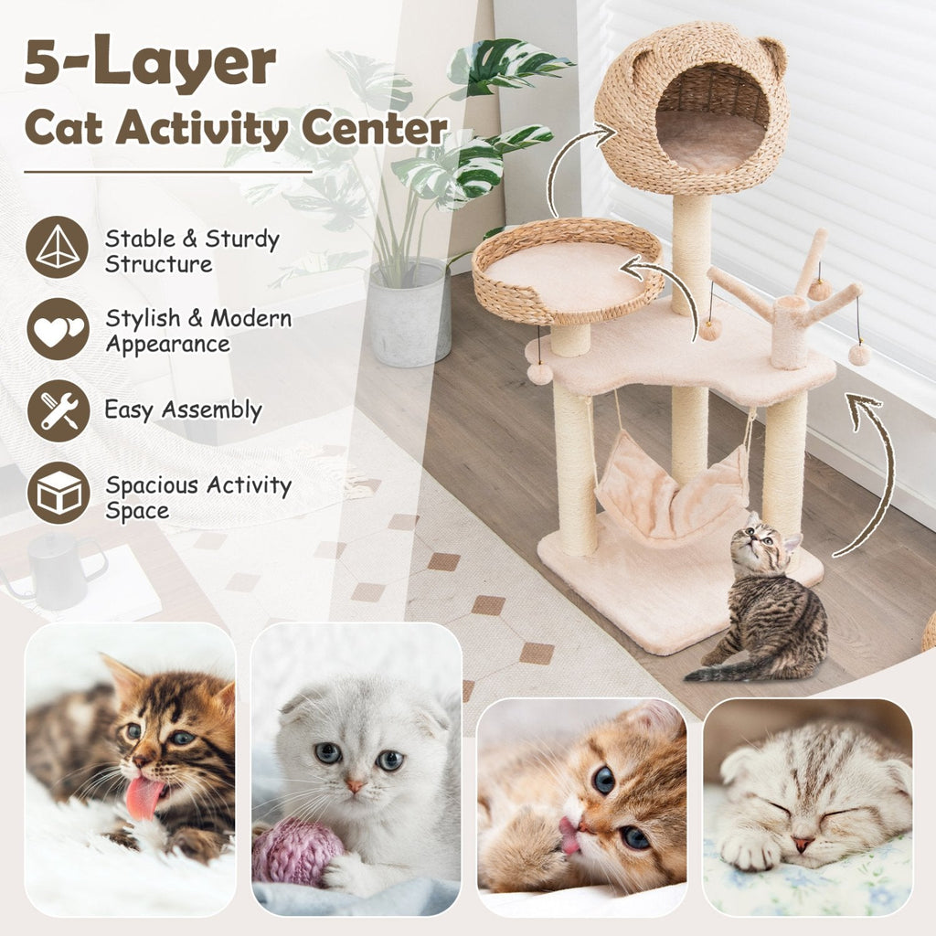 Natural Cattail Cat Tree 48 Inches with Five Layers and a Woven Condo