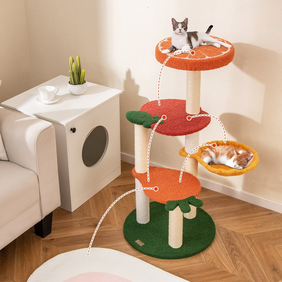 39 Inch Fruit Cat Tree with an Orange Top Perch and a Rotating Hammock