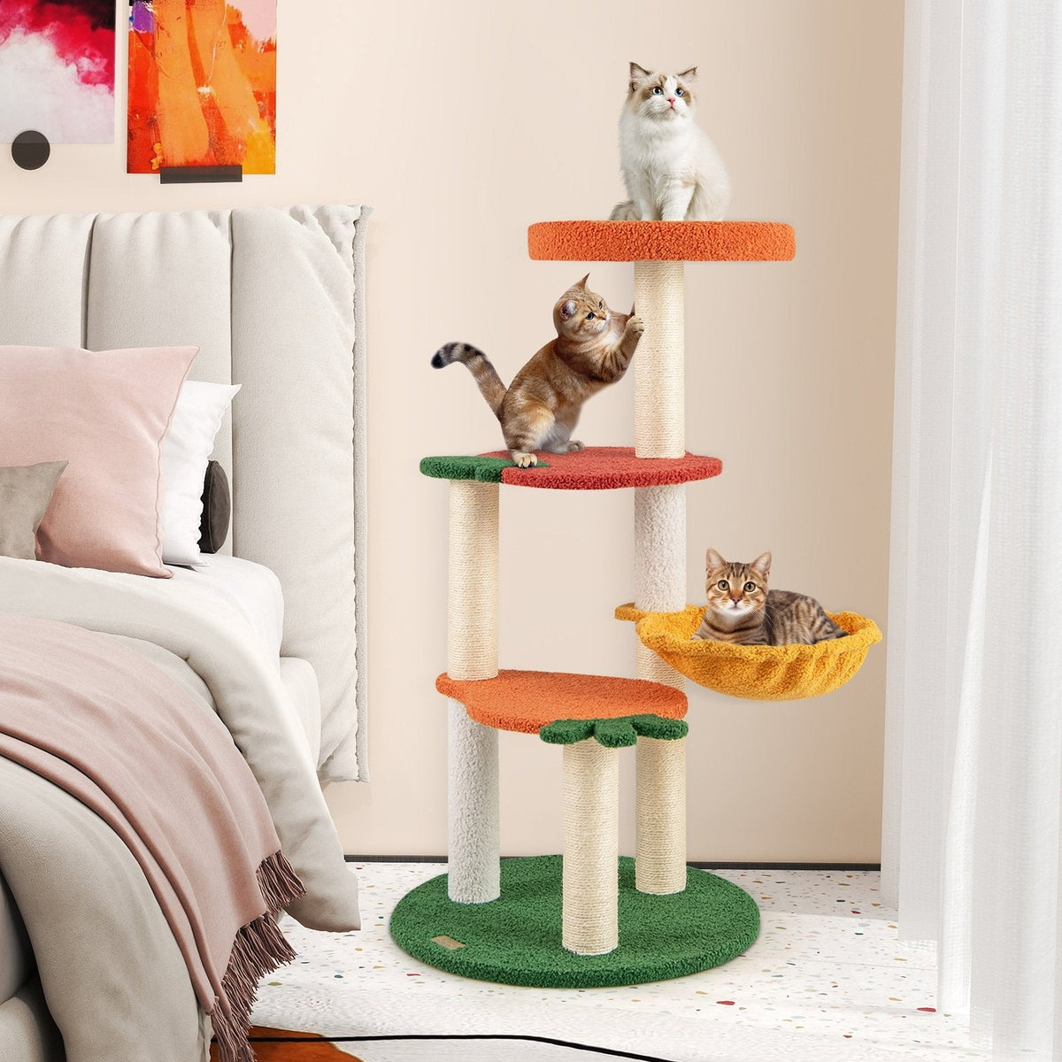 39 Inch Fruit Cat Tree with an Orange Top Perch and a Rotating Hammock