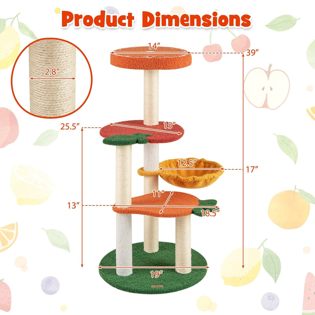 39 Inch Fruit Cat Tree with an Orange Top Perch and a Rotating Hammock